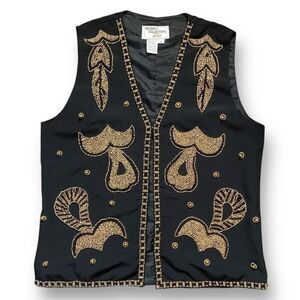 Vintage Regency Collection Black Gold Embellished Beaded Vneck Boho Vest